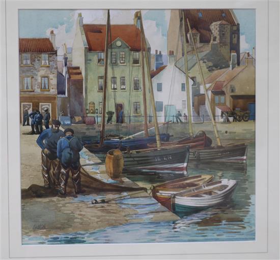 Walter M. Cuthill (fl. 1929-1946), gouache, Newhaven Harbour, Edinburgh and another, approx 29 x 30cm (largest)